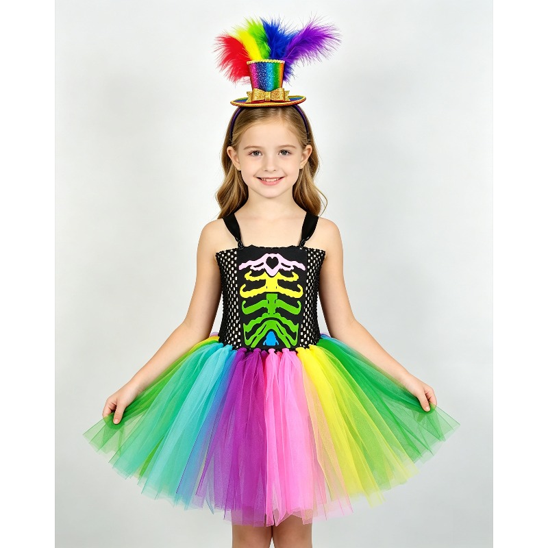 Toddler Girl Tulle Party Dress - Gaun Tutu Pelangi Berhias Tulang untuk