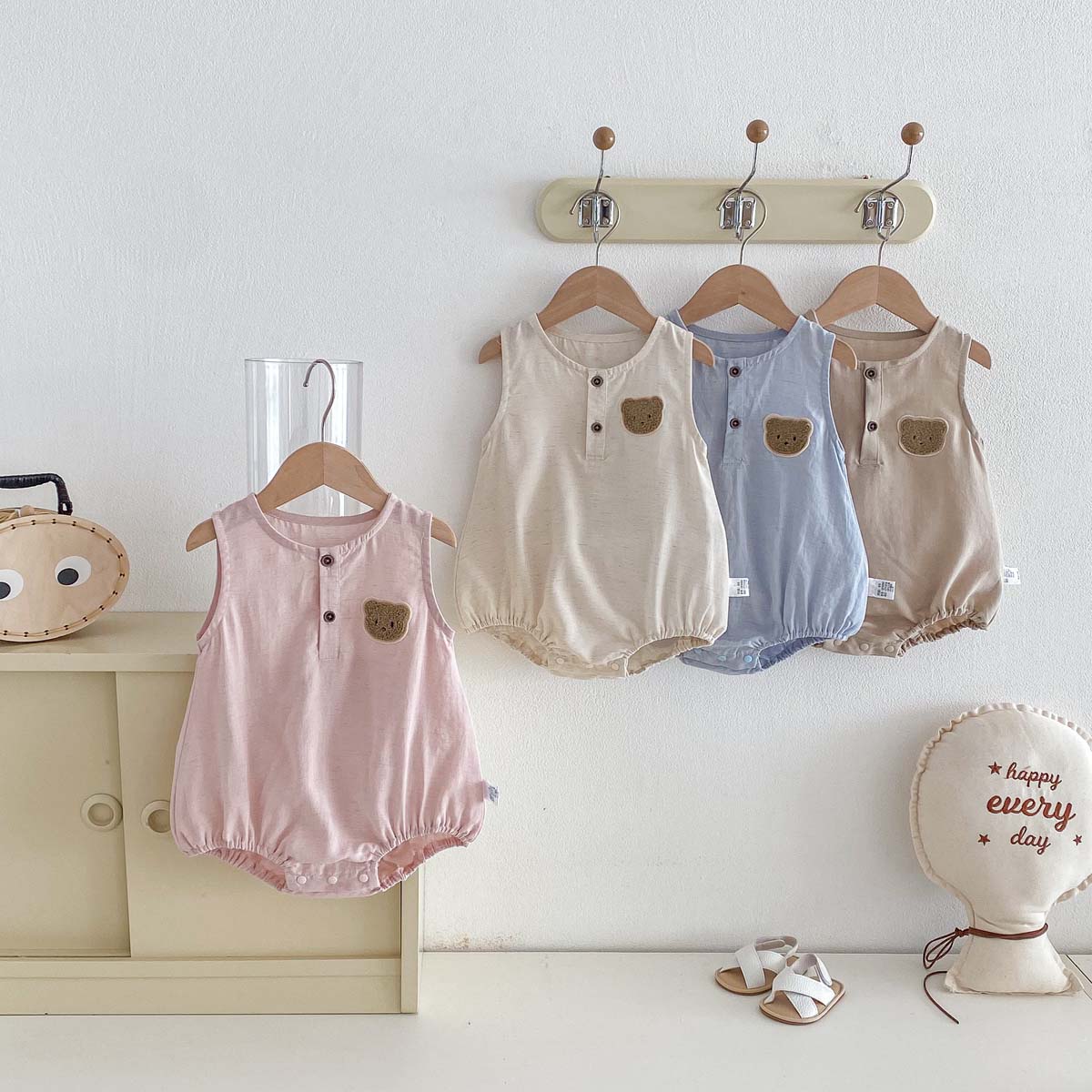 Baby Summer Linen Sleeveless Jumpsuit - Jumpsuit Tanpa Lengan Tipis Motif Beruang