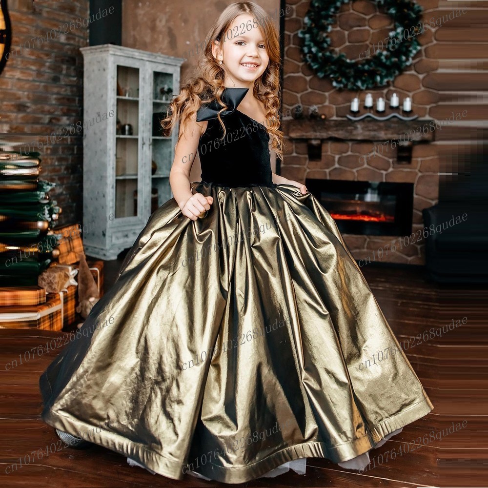 Toddler Girl Tulle Party Dress - Gaun Bunga Satin Hitam dan Emas